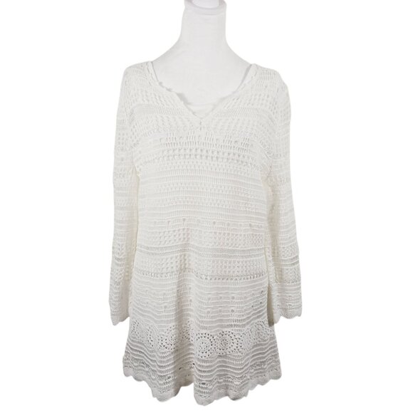 NWT Hot in Hollywood, Split V Neck 3/4 Sleeve Crochet Tunic, White, Size Medium - Picture 3 of 16